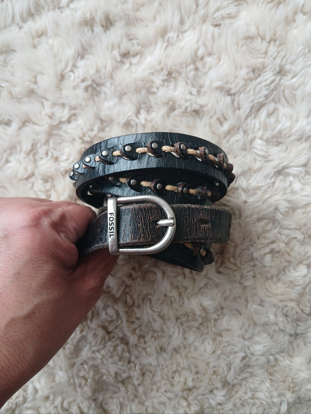 💎 Fossil Black Braided Leather Wrap Belt